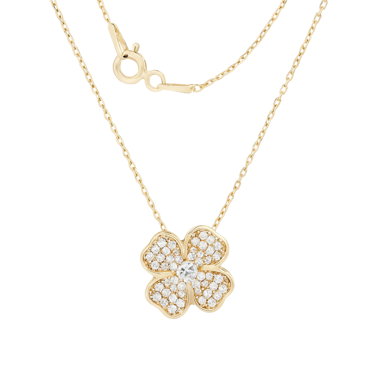 14k Yellow Gold Clover Pendant Necklace with Clear Zircon by Fine Gold Jewelry