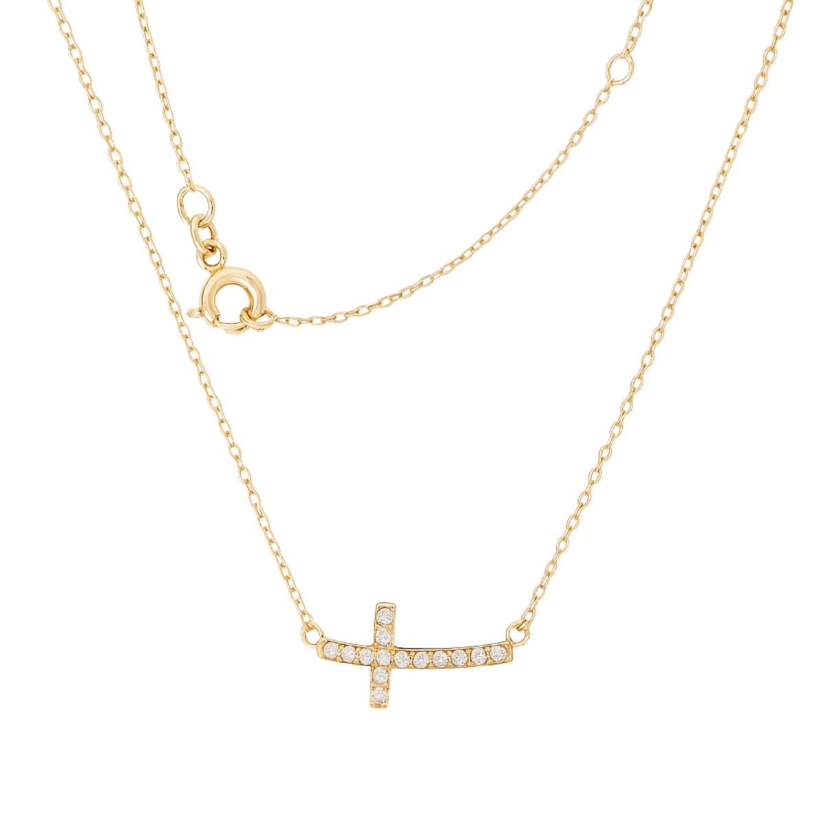 14k Yellow Gold Cross Pendant Necklace with Clear Zircon by Fine Gold Jewelry