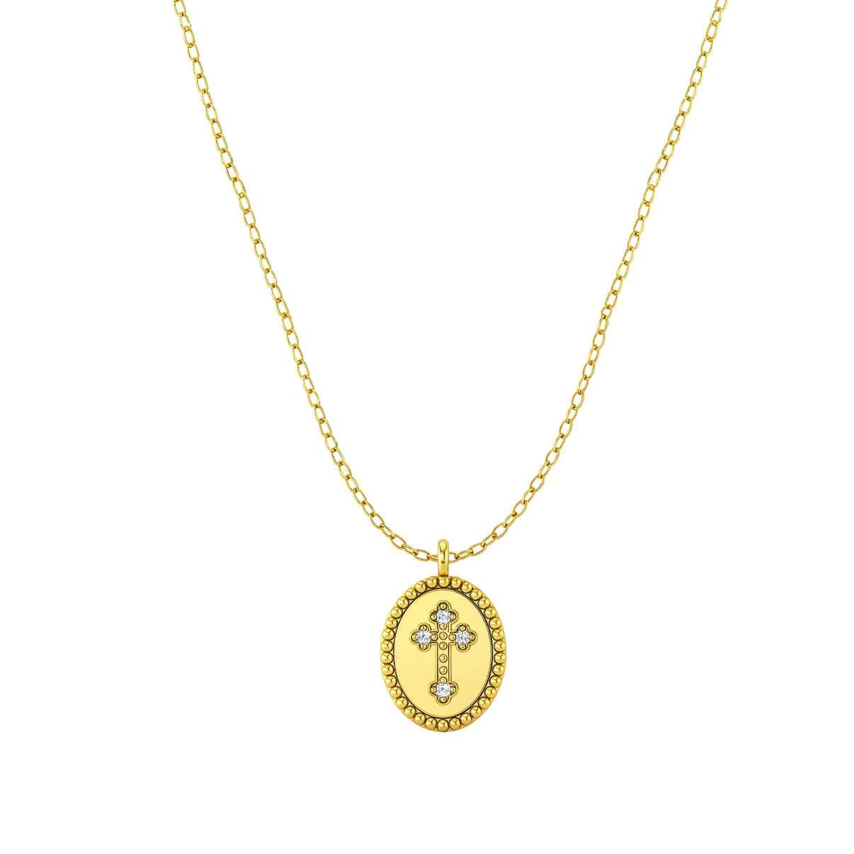 14k Yellow Gold Oval Medallion Necklace with Cross and Zircon by Fine Gold Jewelry