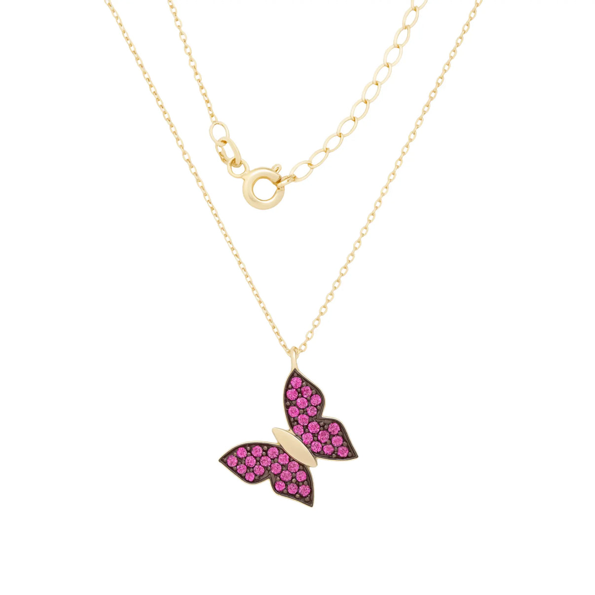 14k Yellow Gold Butterfly Pendant Necklace with Pink Zircon by Fine Gold Jewelry
