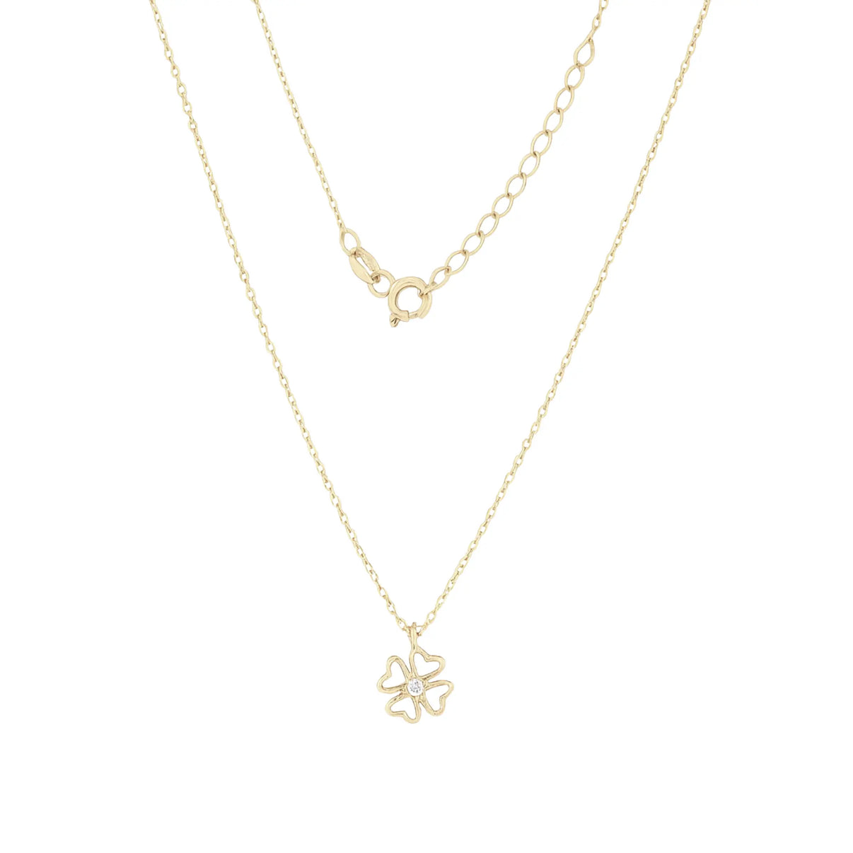 14k Yellow Gold Clover Pendant Necklace with Clear Zircon by Fine Gold Jewelry
