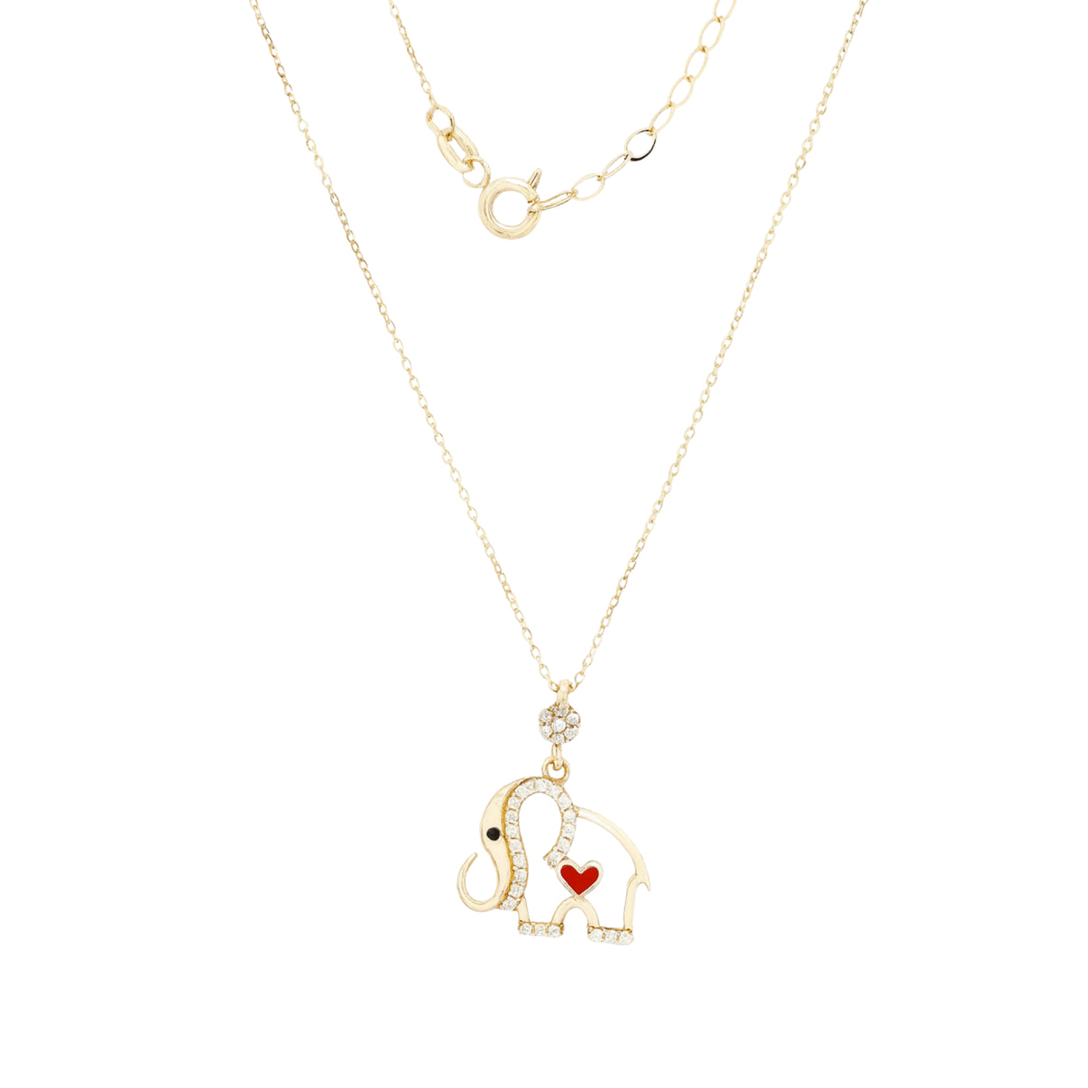 14k Gold Elephant Pendant Necklace with Red Enamel Heart and Zircon by Fine Gold Jewelry
