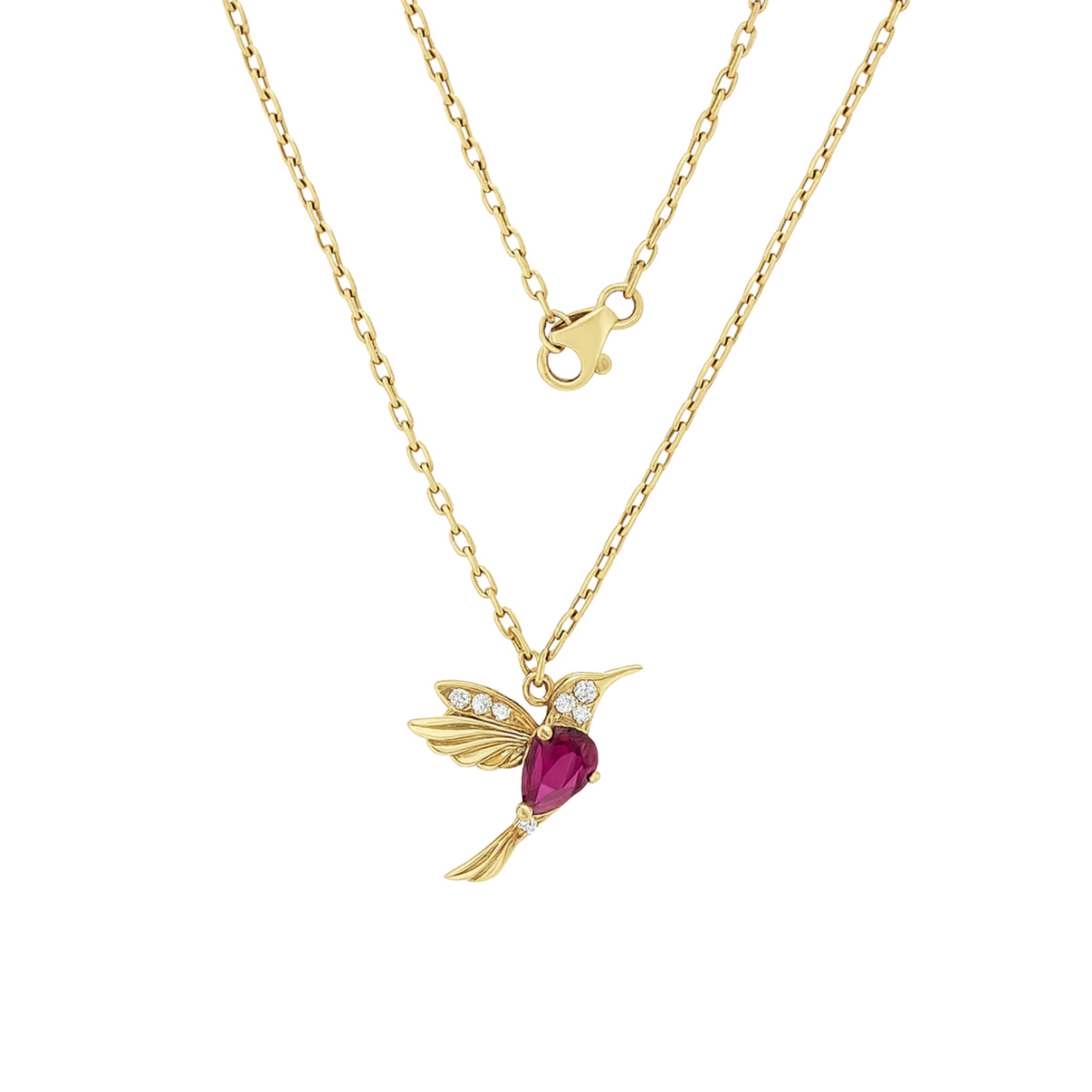 14k Gold Hummingbird Pendant Necklace with Ruby and Zircon by Fine Gold Jewelry