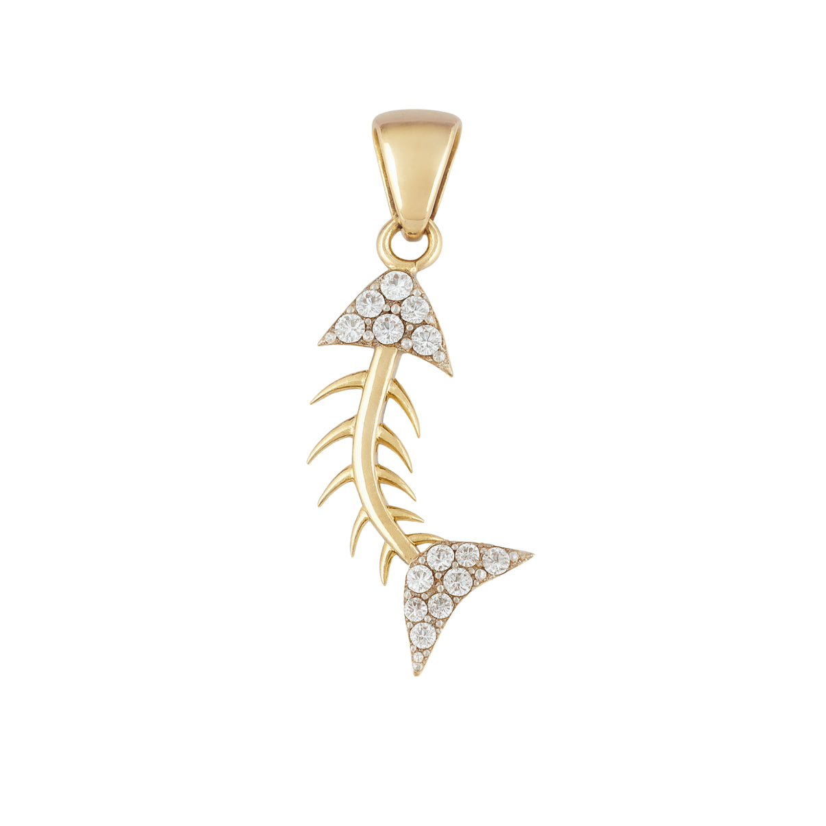 14k Yellow Gold Fish Bone Pendant with Zircon by Fine Gold Jewelry