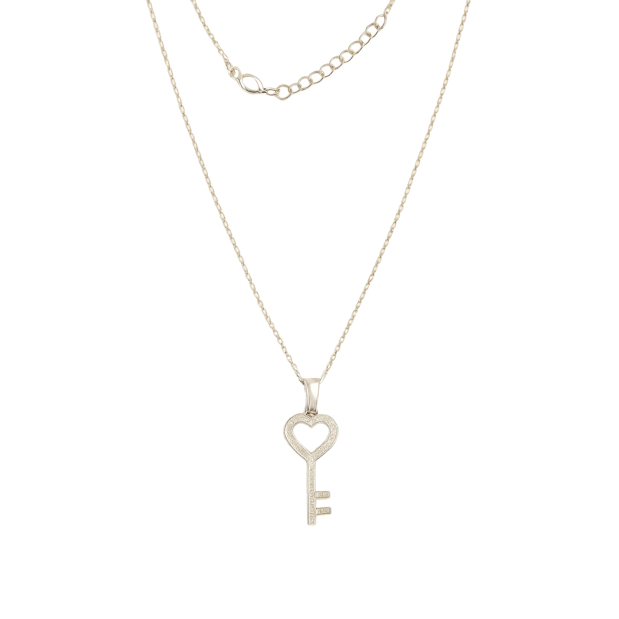 14k White Gold Key Pendant Necklace with Clear Zircon by Fine Gold Jewelry
