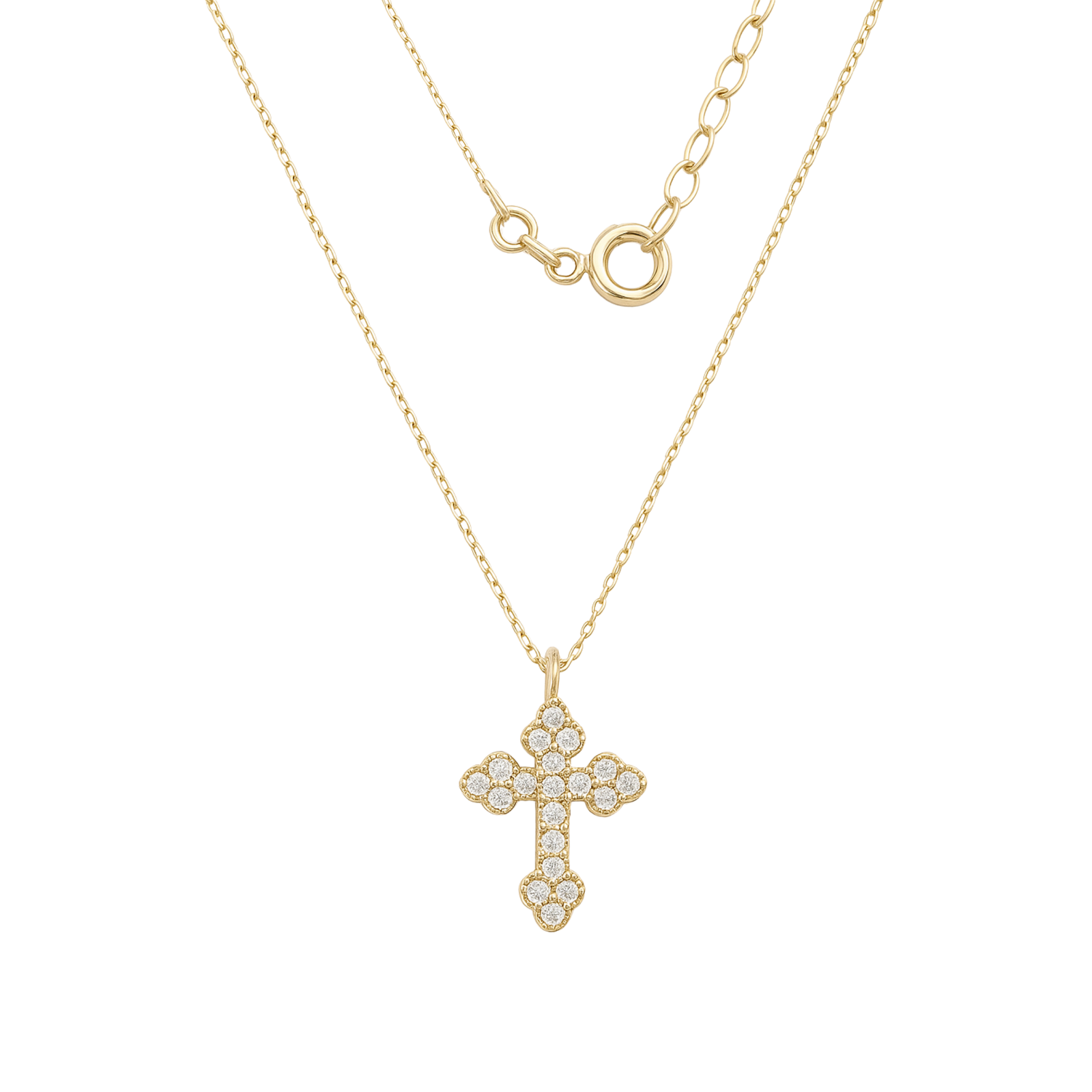 14k Yellow Gold Cross Pendant Necklace with Clear Zircon | Fine Gold Jewelry