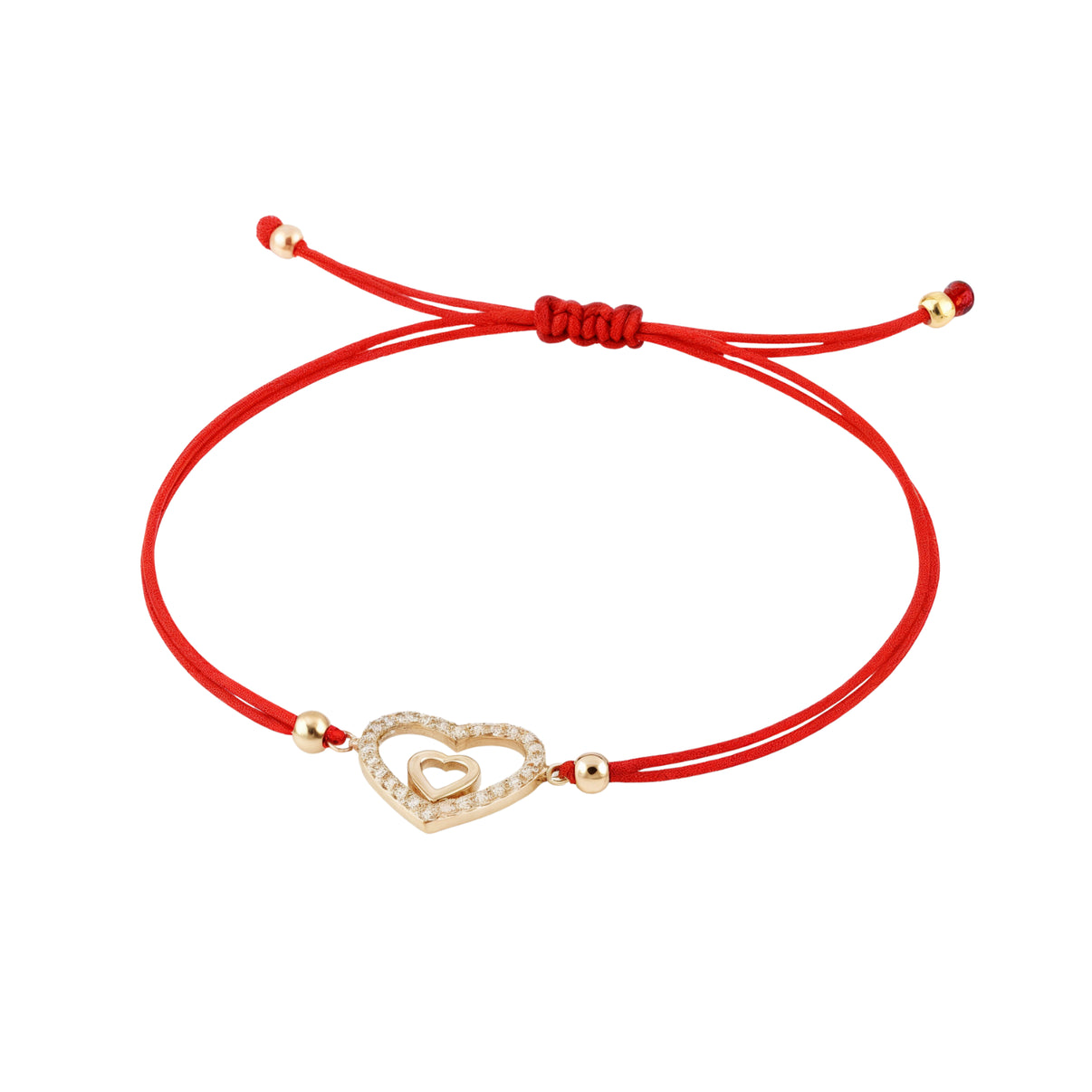 14k Gold Double Heart Charm Bracelet on Red Adjustable Cord – Fine Gold Jewelry