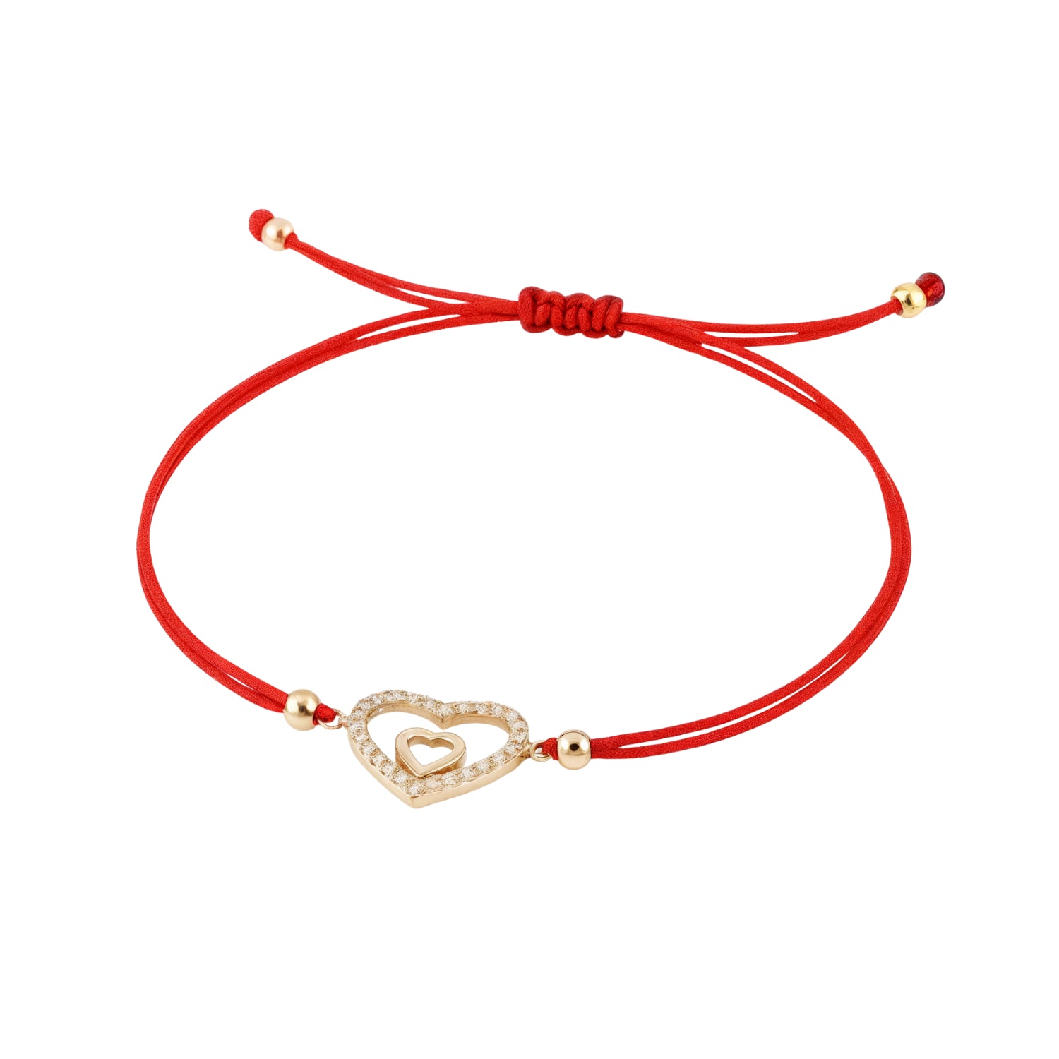 14k Gold Double Heart Red Cord Bracelet – Adjustable Love Charm Jewelry for Women
