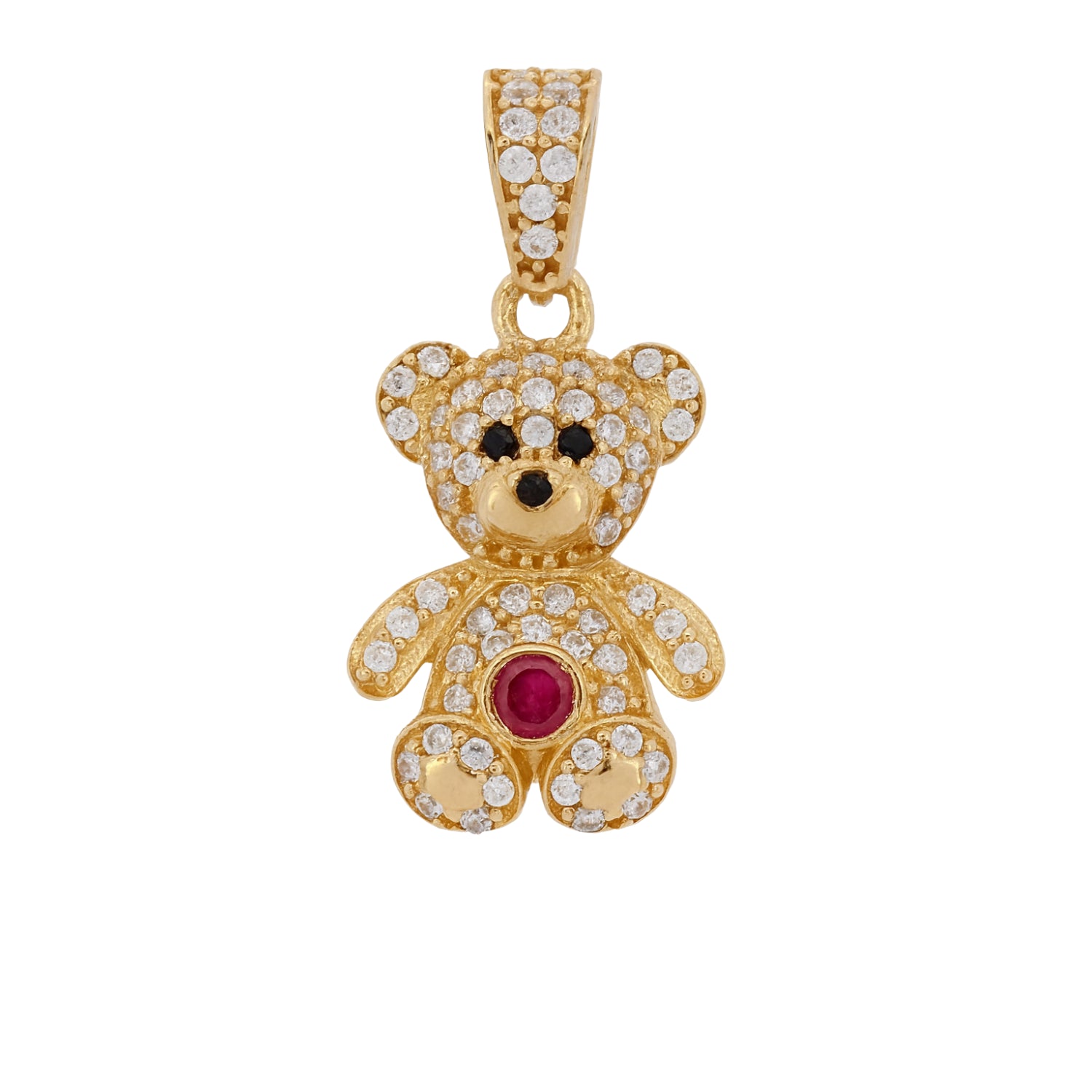 14k Gold Teddy Bear Pendant with Cubic Zirconia & Ruby Belly | Cute Fine Gold Jewelry for Women & Girls