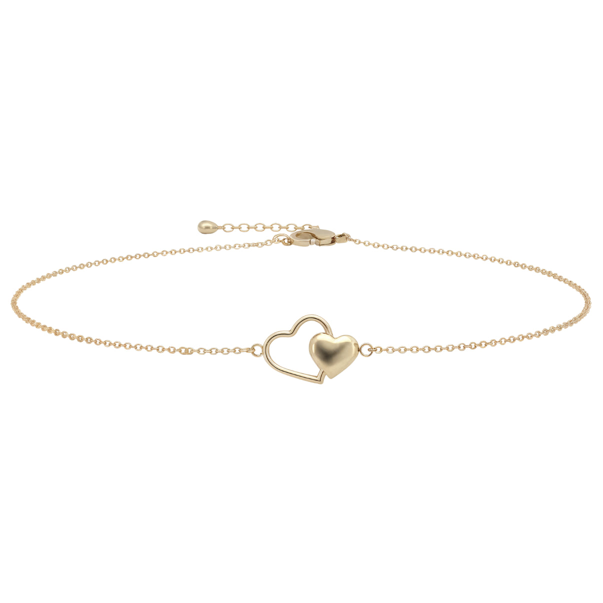 14k Gold Double Heart Bracelet with Polished and Open Heart Design on Cable Chain - Product ID 225765