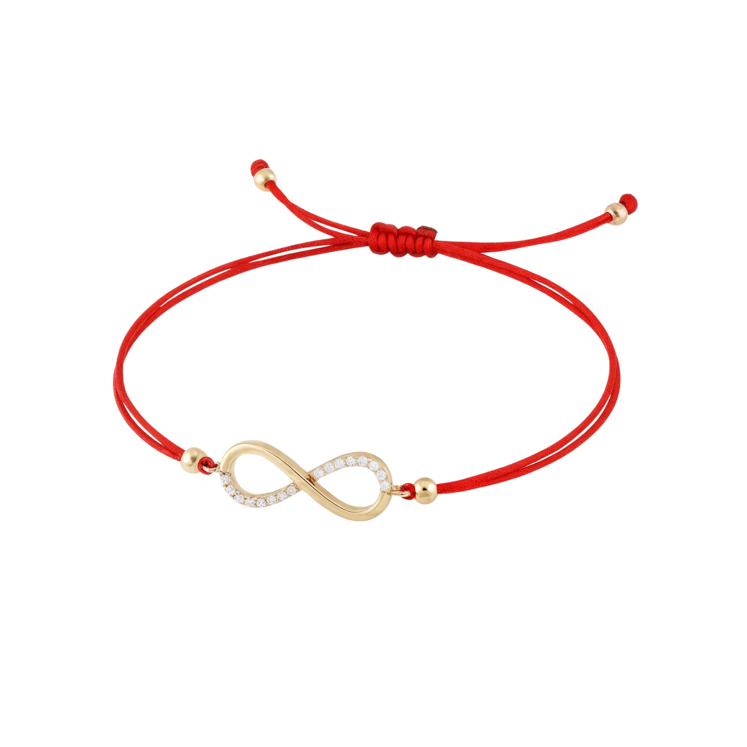 14k Gold Infinity Bracelet with Pavé Zircon on Red Cord by Fine Gold Jewelry