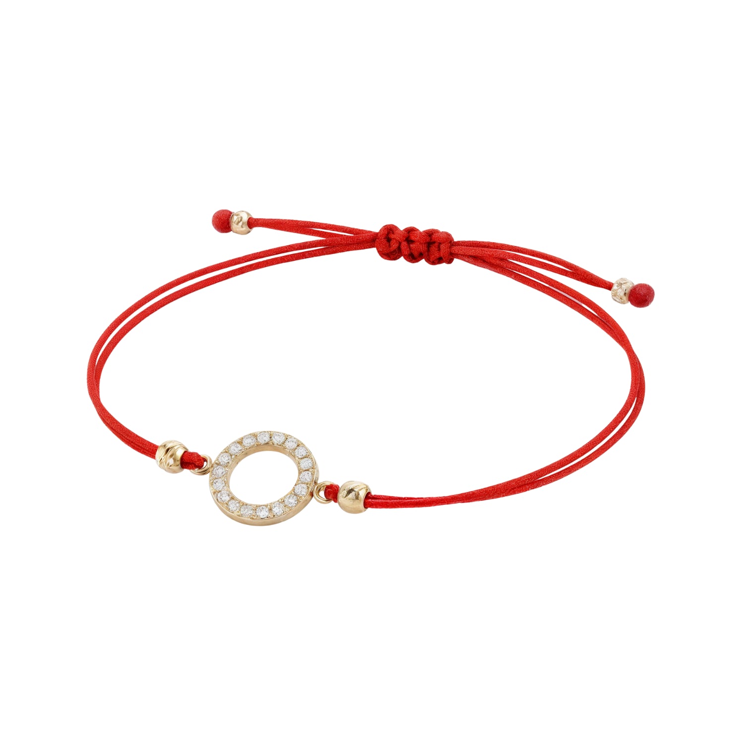 14k Gold Circle of Life Bracelet with Clear Zircon on Adjustable Red Cord | Fine Gold Jewelry