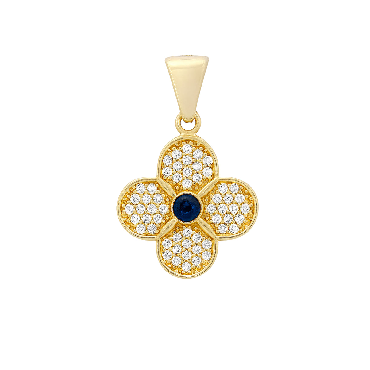 14k Yellow Gold clover pendant with sapphire and zircon by Fine Gold Jewelry
