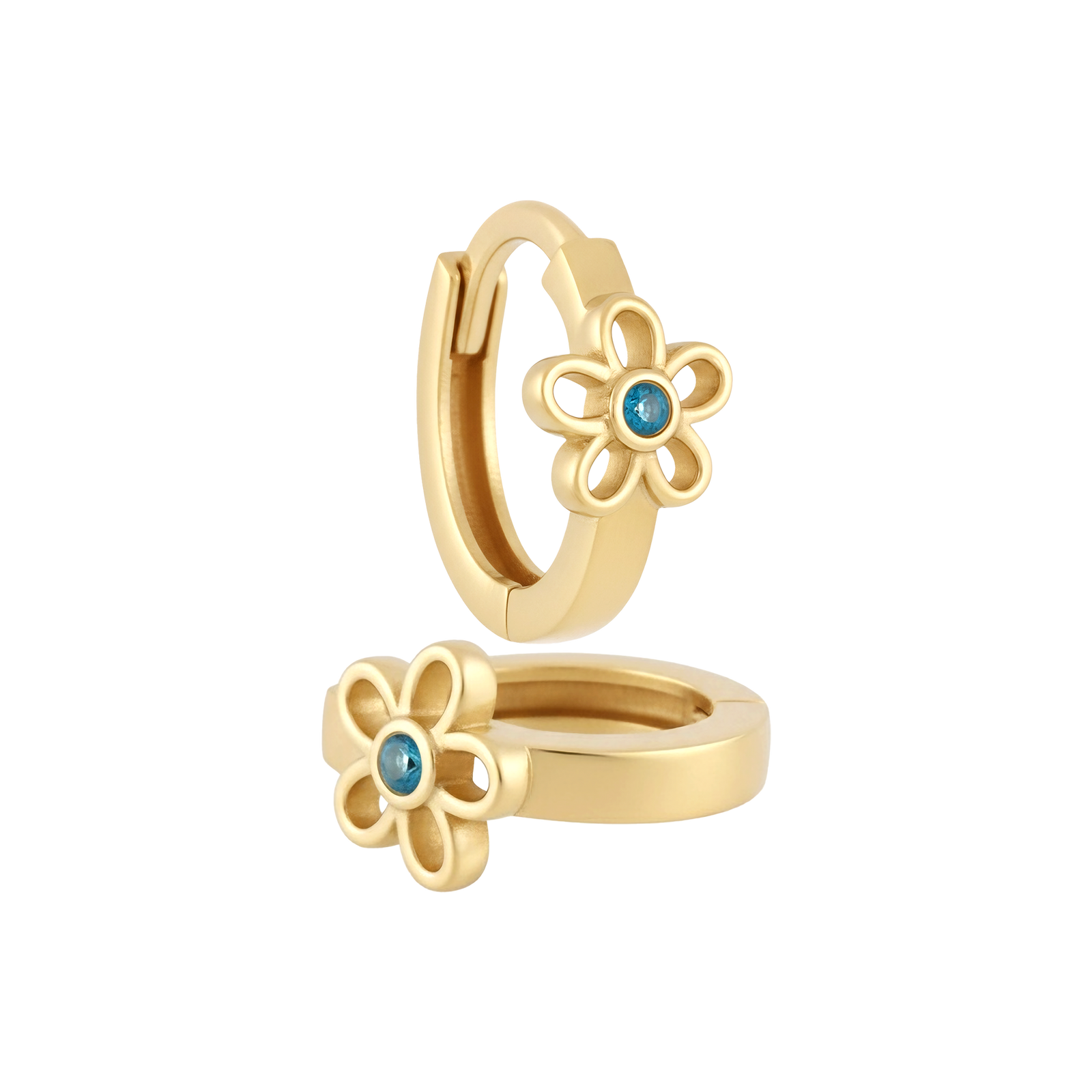 14k Gold Flower Huggie Hoop Earrings Bezel | Fine Gold Jewelry