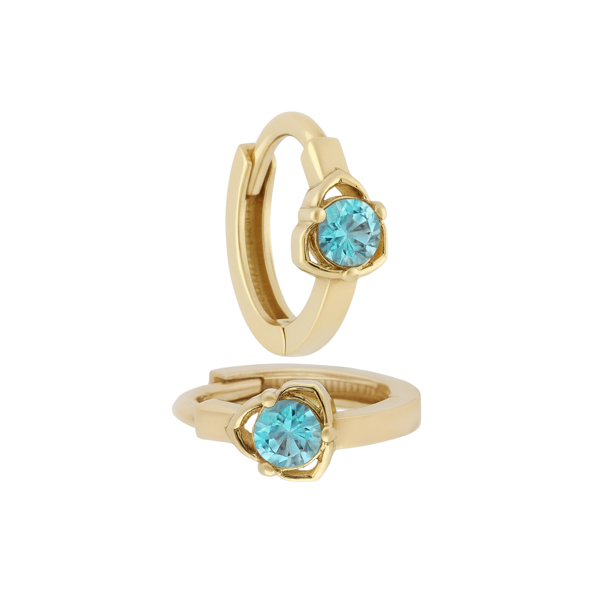 14k Solid Gold Floral Huggie Earrings with Aqua Zircon by Fine Gold Jewelry