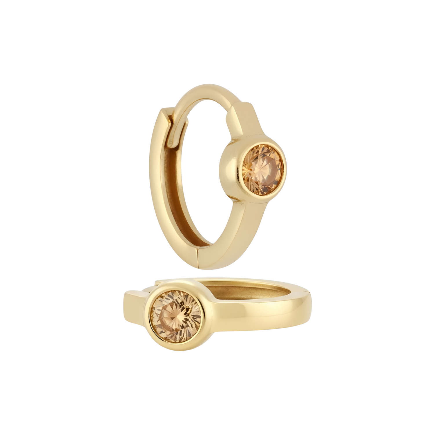 14k Solid Gold Solitaire Huggie Earrings with Bezel Zircons by Fine Gold Jewelry