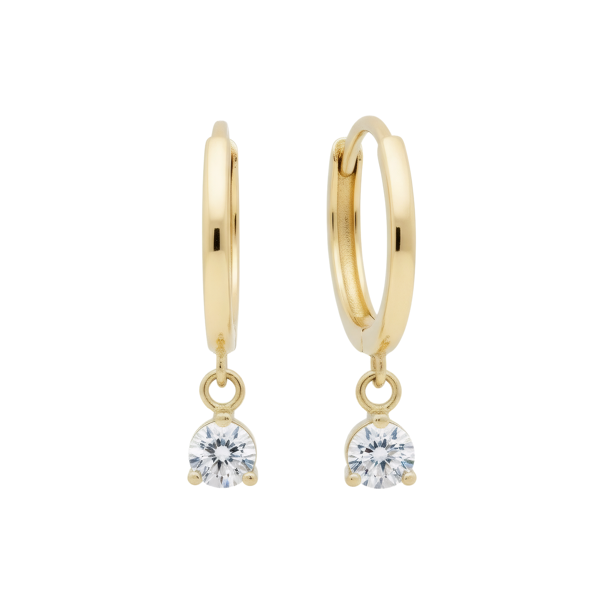 14k Solid Gold Dangling Solitaire Huggie Earrings with Claw-Set Gemstones by Fine Gold Jewelry