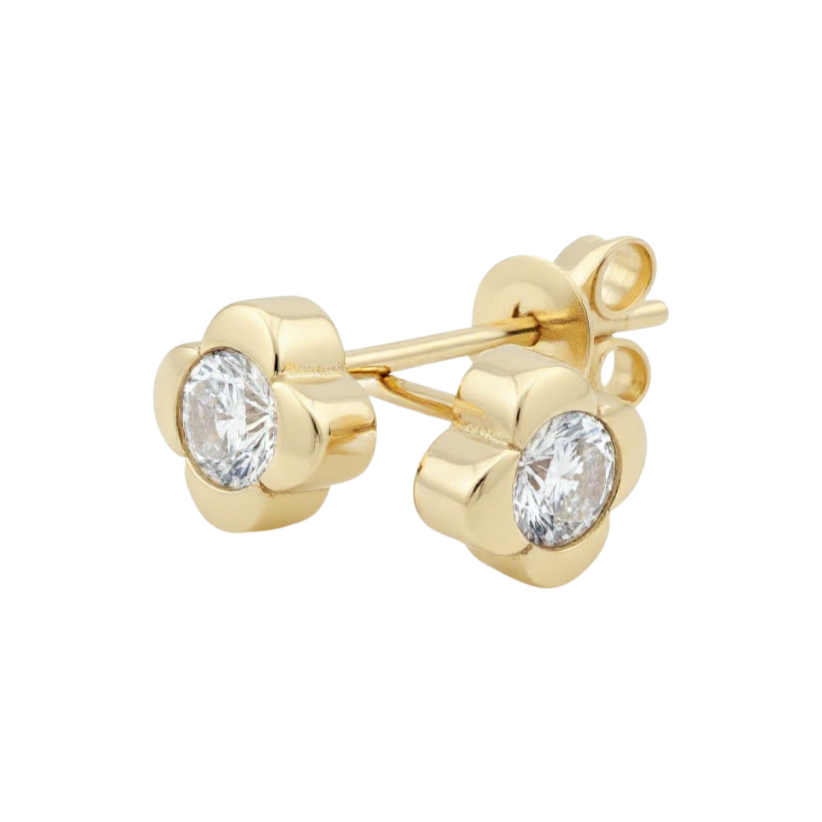 14k Gold Flower Stud Earring with Bezel-Set Solitaire | Fine Gold Jewelry