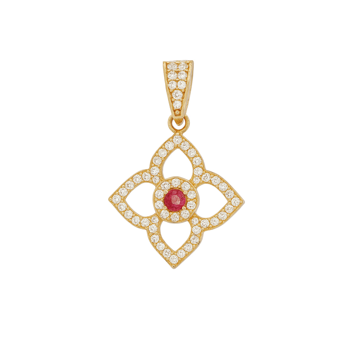 14k Yellow Gold Clover Pendant with Ruby and Zircon by Fine Gold Jewelr
