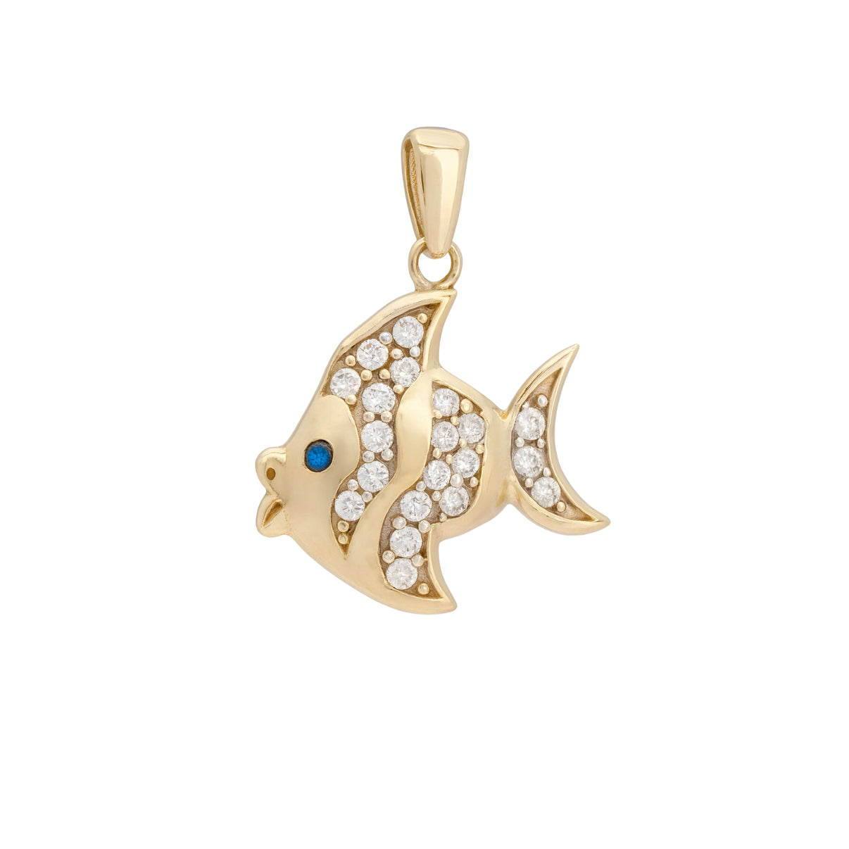14k Yellow Gold Fish Pendant with Blue Eyes and Zircon by Fine Gold Jewelry