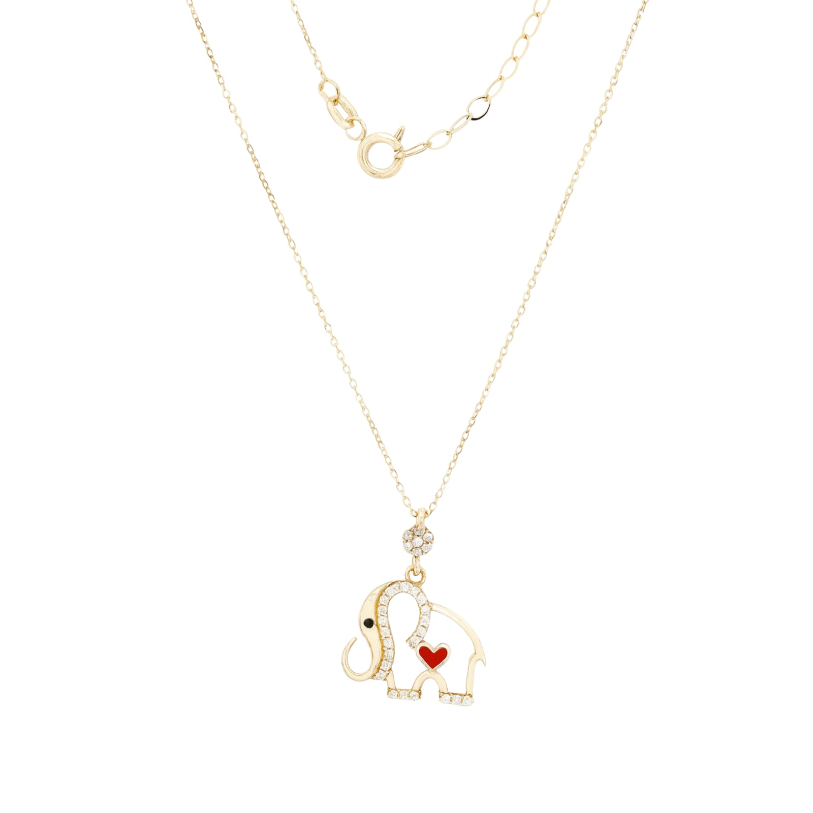 14k Gold Elephant Pendant Necklace with Red Enamel Heart & Zircon | Fine Gold Jewelry