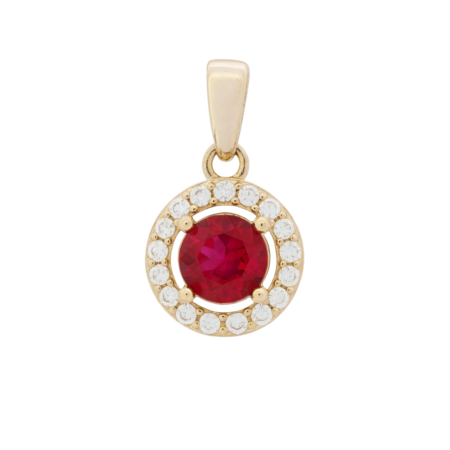 14k Yellow Gold Halo Solitaire Pendant with Ruby & Zircon | Fine Gold Jewelry