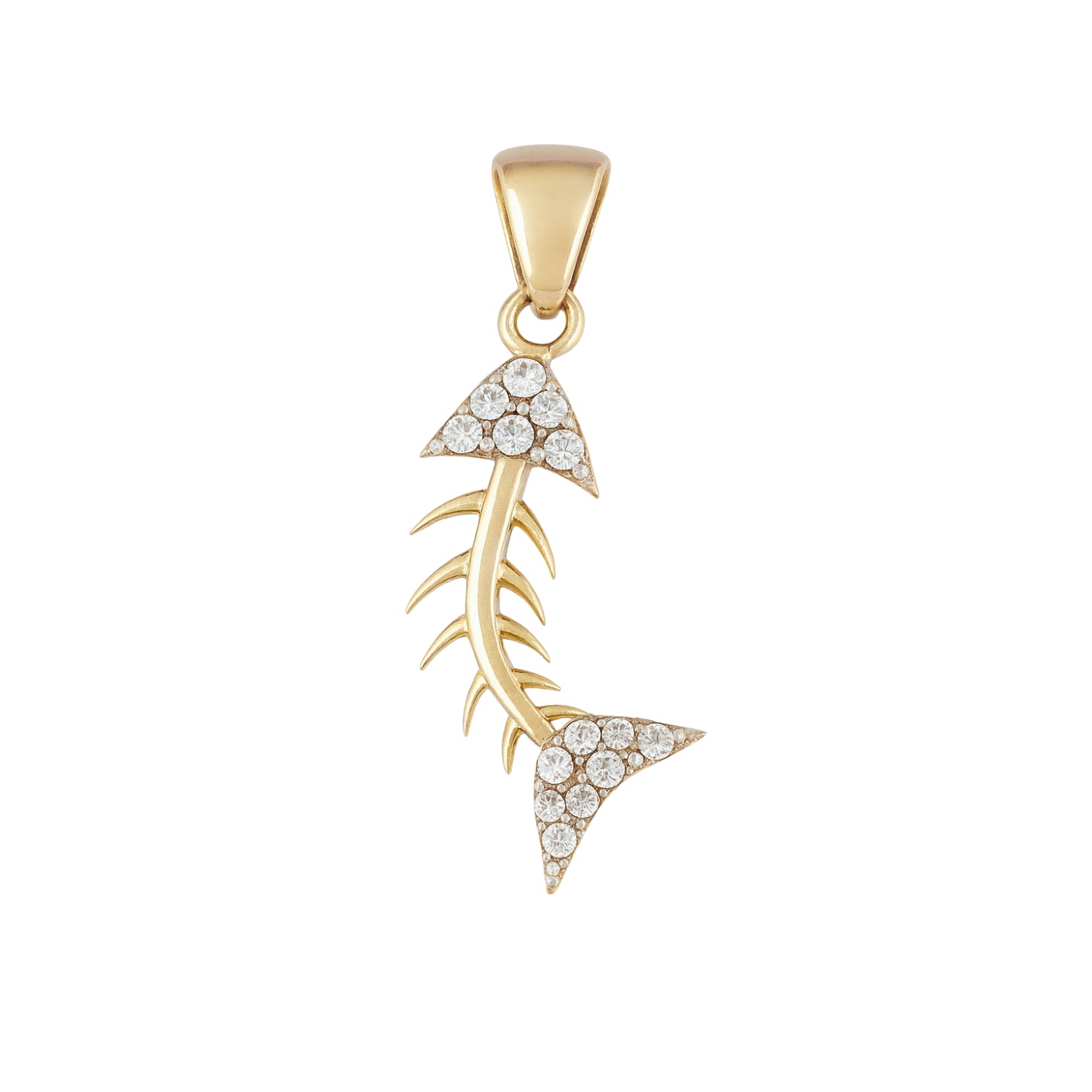 14k Yellow Gold Fish Bone Pendant with Zircon | Fine Gold Jewelry